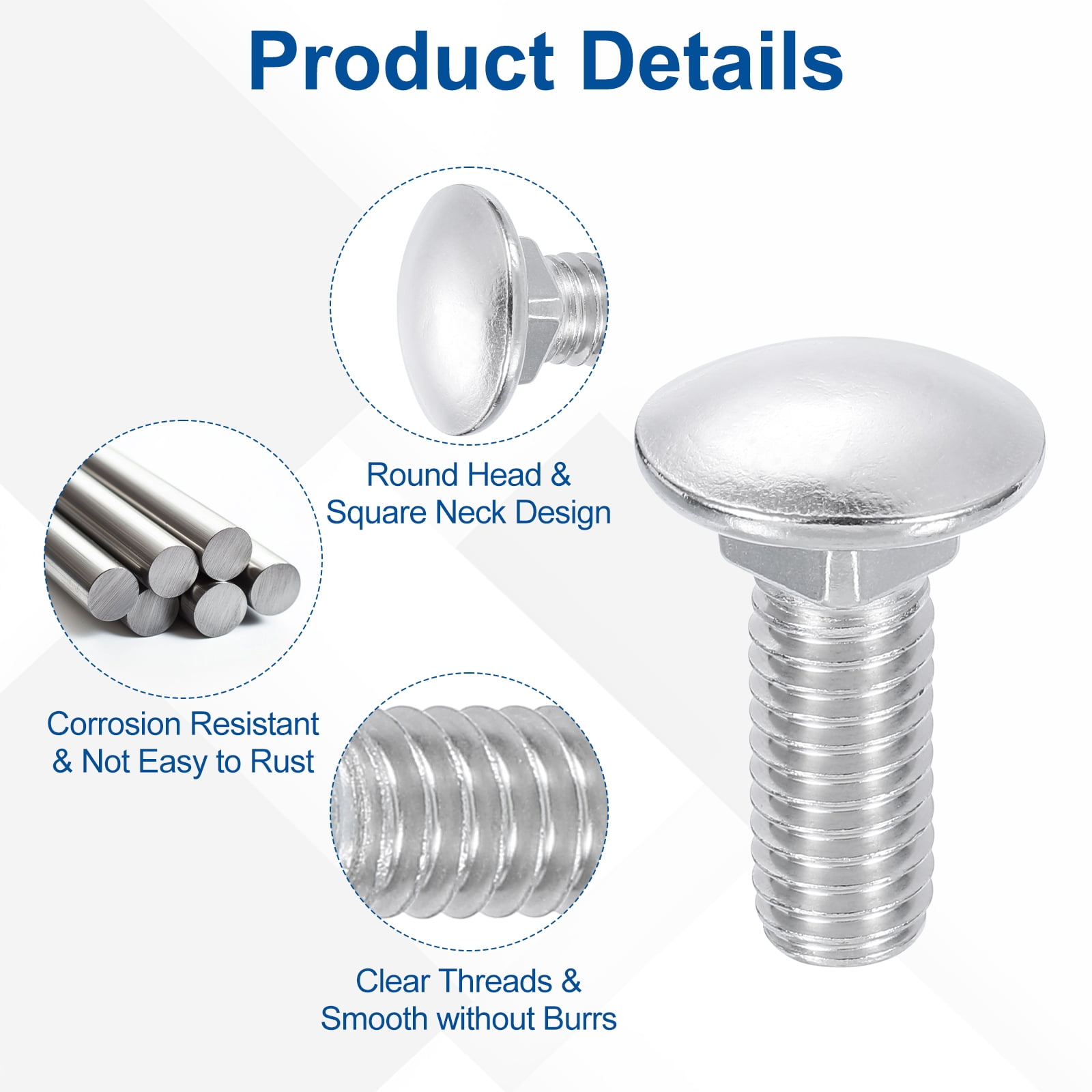 Uxcell 25Pack 3/8"-16x1-1/4" Stainless Steel Carriage Bolts Round Head Square Neck, Silver