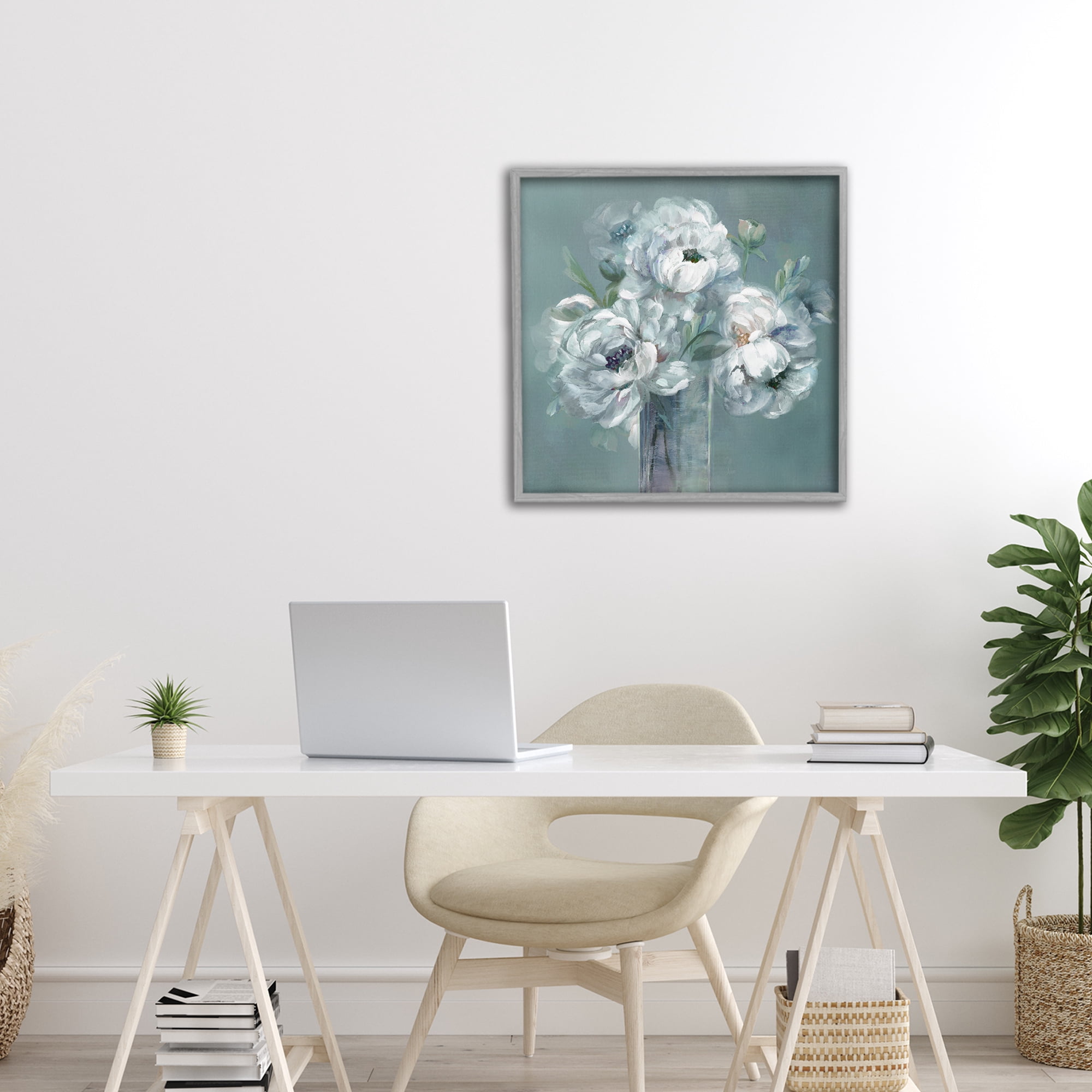 Stupell Industries White Peony Impression in Vase Gray Framed Giclee Art, design by Nan
