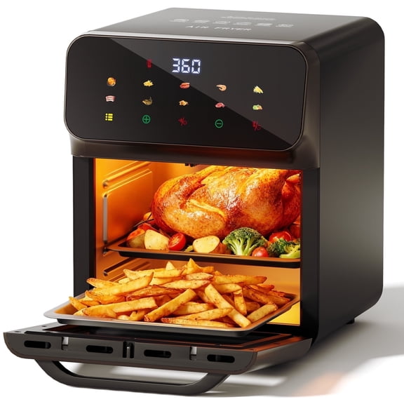 10QT Air Fryer, Convection Oven With 10 Preset Cooking Mode, Bake, Roast, Reheat, Broiler, Dehydrate, Toaster Baker, 85% Oil-Less, Visible Window and LED Digital Color Display