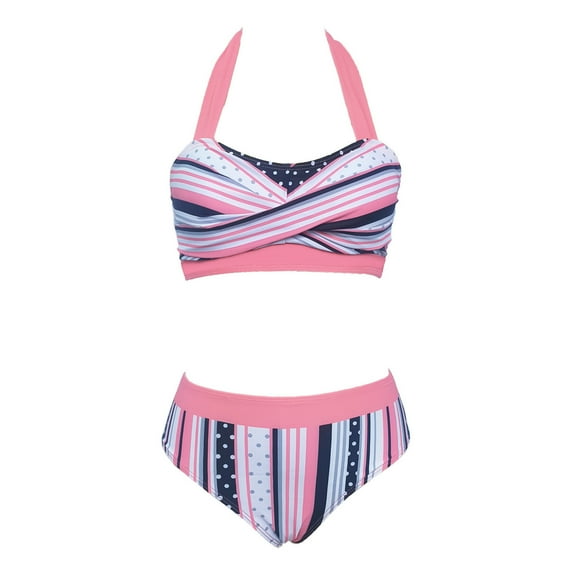 Women Plus Size Bikinis Sets Halter Bra Striped Tummy Control Swimsuits Two Piece Bathing Suits