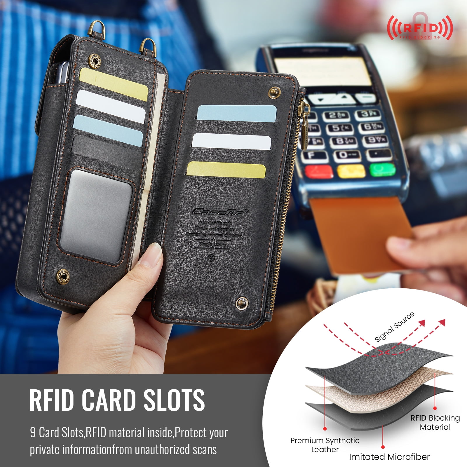 Crossbody Phone Bag Purse Wallet Case for iPhone/Galaxy/Pixel Series Cell Phones (Less Than or Equal to 7.6"), with Shoulder/Wrist Strap Lanyard, RFID Blocking Card Slots, PU Leather Bag, Black