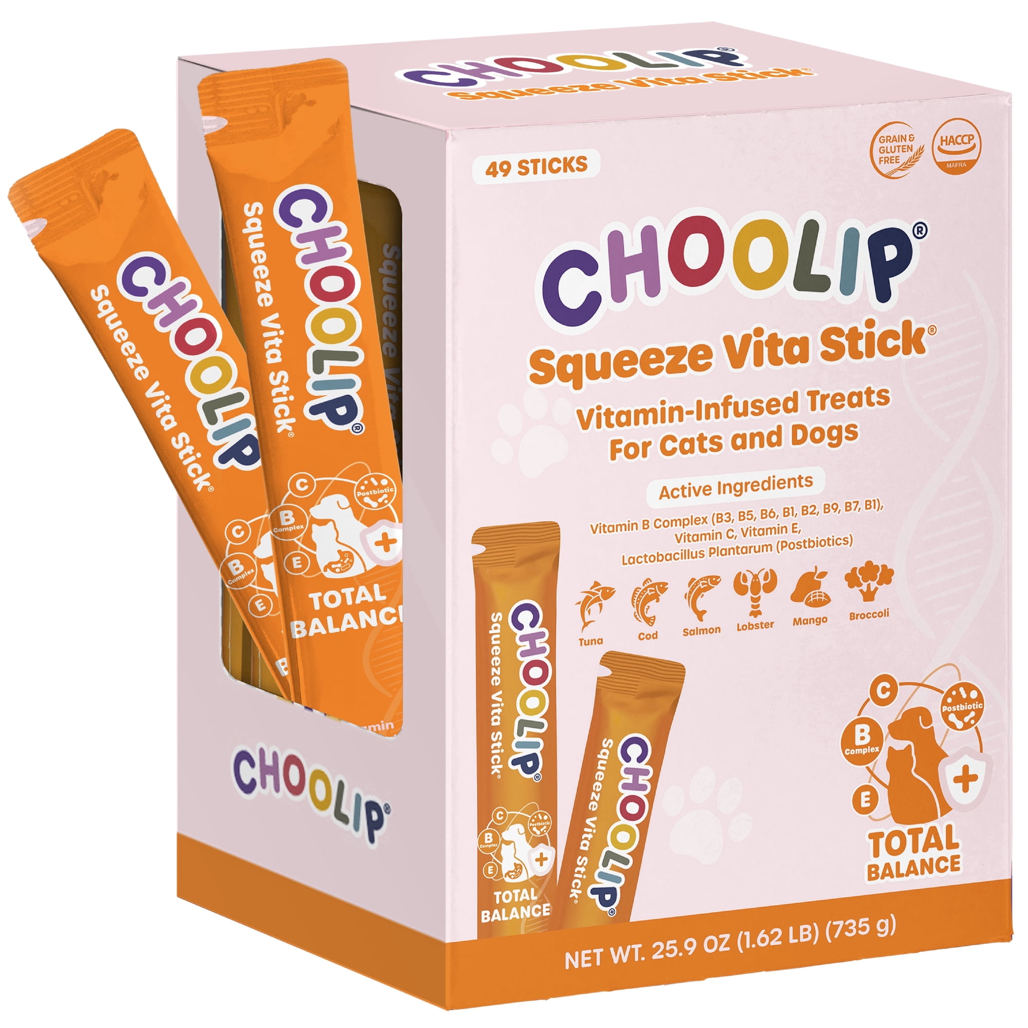 Choolip Total Balance Daily Wellness Puree Treats for Dogs & Cats, Korean Postbiotics & Vitamins, Grain Free, 49 Sticks