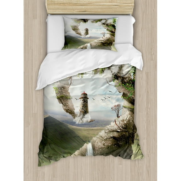 Fantasy Duvet Cover Set, Surrealistic Dreamland Natural Stoned Bridge to Lighthouse World, Decorative 2 Piece Bedding Set with 1 Pillow Shams, Twin Size, Beige Green White, by Ambesonne