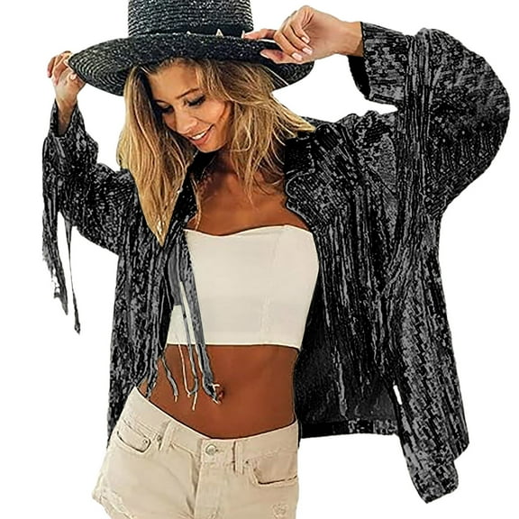 Tiweut Jackets for Womens Fringe Disco Theme Fashion Sequins Tassel Long Sleeve Party Gown Outwear Tops Black,One Size