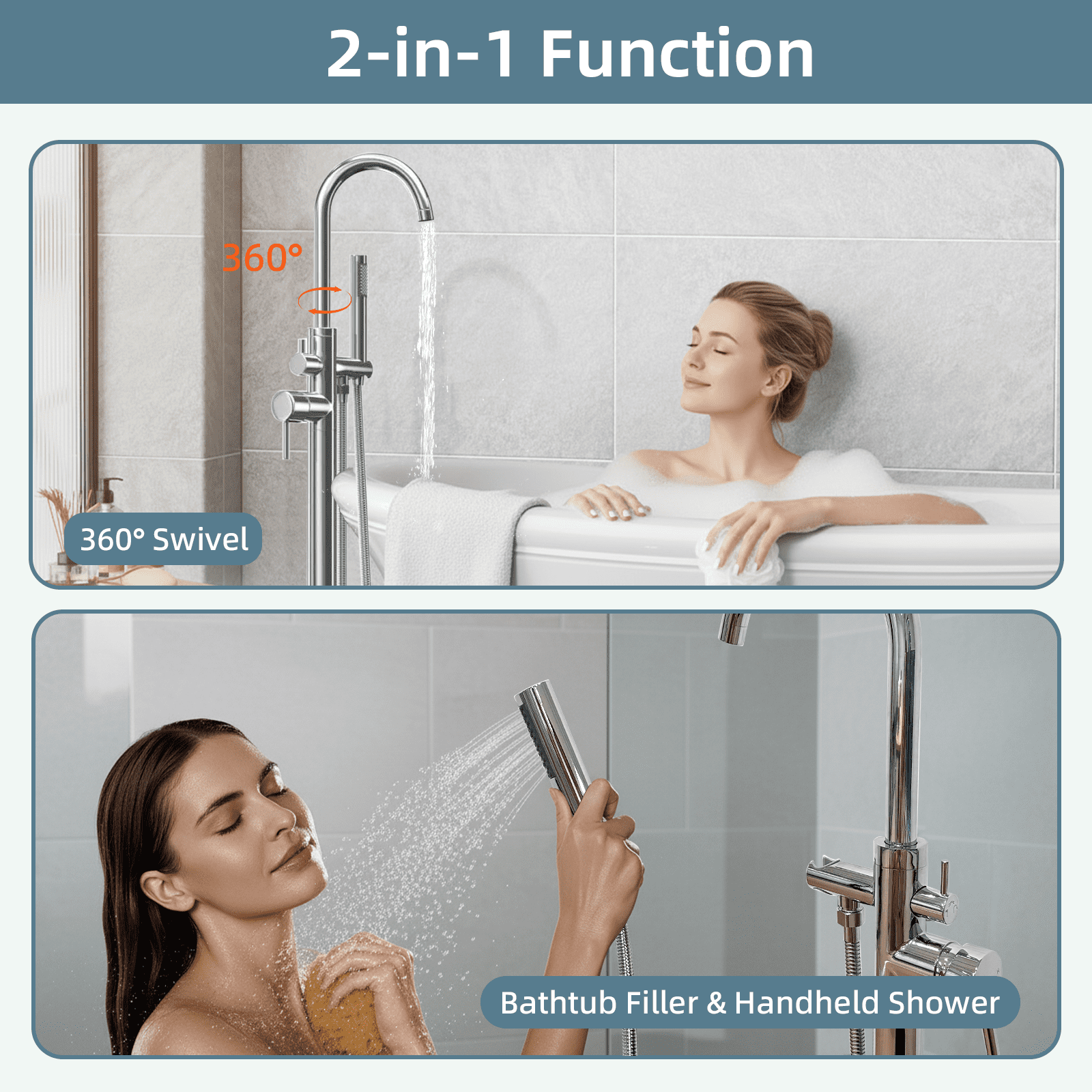 ROOMISLAND Floor Mount Bathtub Faucet Freestanding Tub Filler Standing High Flow Shower Faucets Shower Mixer Taps, with Handheld Shower, Silver
