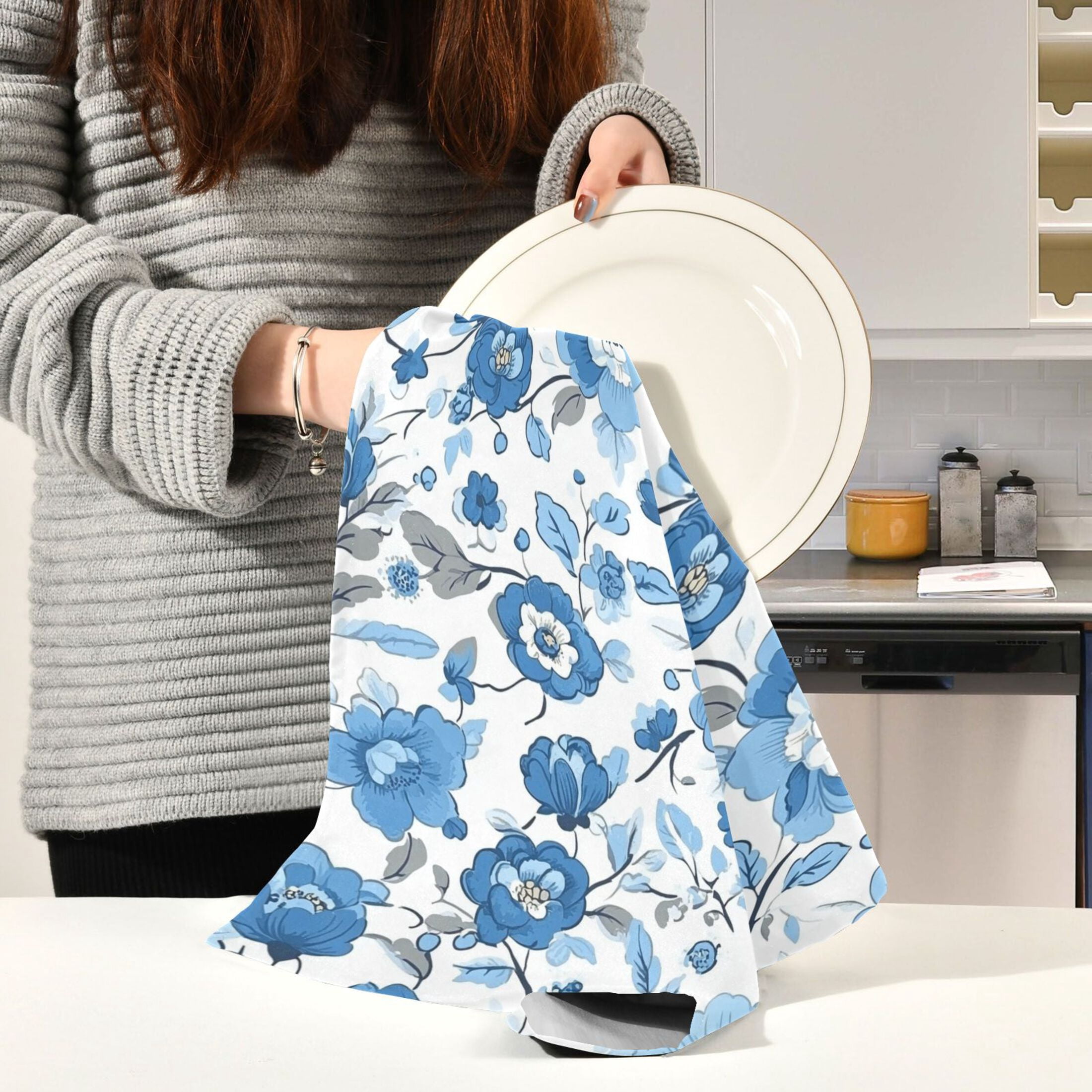 Blue Floral Pattern Kitchen Towels 6-Piece Pack Tea Towels for Kitchen Decorative Waffle Design 28x18in