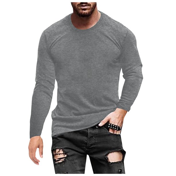 Camiseta de manga larga de color liso para hombre: cuello redondo holgado, para todas las estaciones, material de poliéster, tallas S-XXXL.
