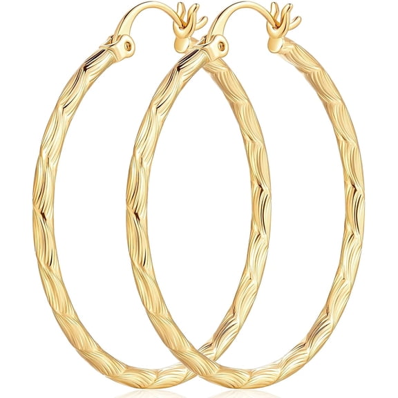 14K Gold Hoop Earrings for Women 40mm Textured Big Gold Hoops Earrings Hypoallergenic Gold Jewelry Earrings Lightweight Thin 14K Gold Plated Hoops Women's Earrings Christmas Birthday Gifts for Women
