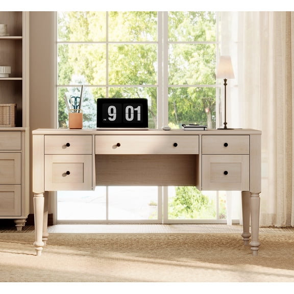 Farmhouse Executive Desk with Charging Station, Wood Writing Desk with Drawer for Home Office & Study, Beige