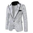 thumbnail image 5 of Nmnitkp Men's Sequin Blazer Jacket Black Contrast Lapel Single‑Button Long Sleeve Suit Coat for Party Stage Show Holiday Nightclub Special Event Wear Silver,S, 5 of 7