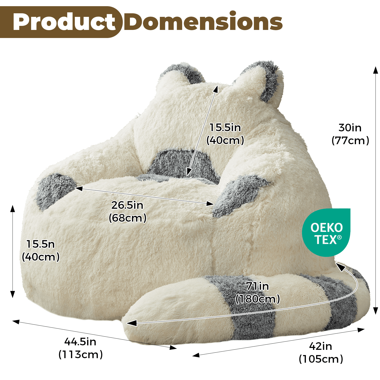 Ebenchico 3.7ft Raccoon Shaped Bean Bag Chair for Adults Teens Kids, Large Beanbag Chairs for Reading Gaming Relaxing, Beige