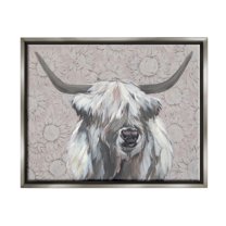 Stupell Industries Gazing Highland Cattle Sunflower Pattern Painting Luster Gray Floating Framed Canvas Print Wall Art, Design by Michele Norman