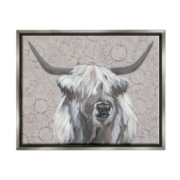 Stupell Industries Gazing Highland Cattle Sunflower Pattern Painting Luster Gray Floating Framed Canvas Print Wall Art, Design by Michele Norman