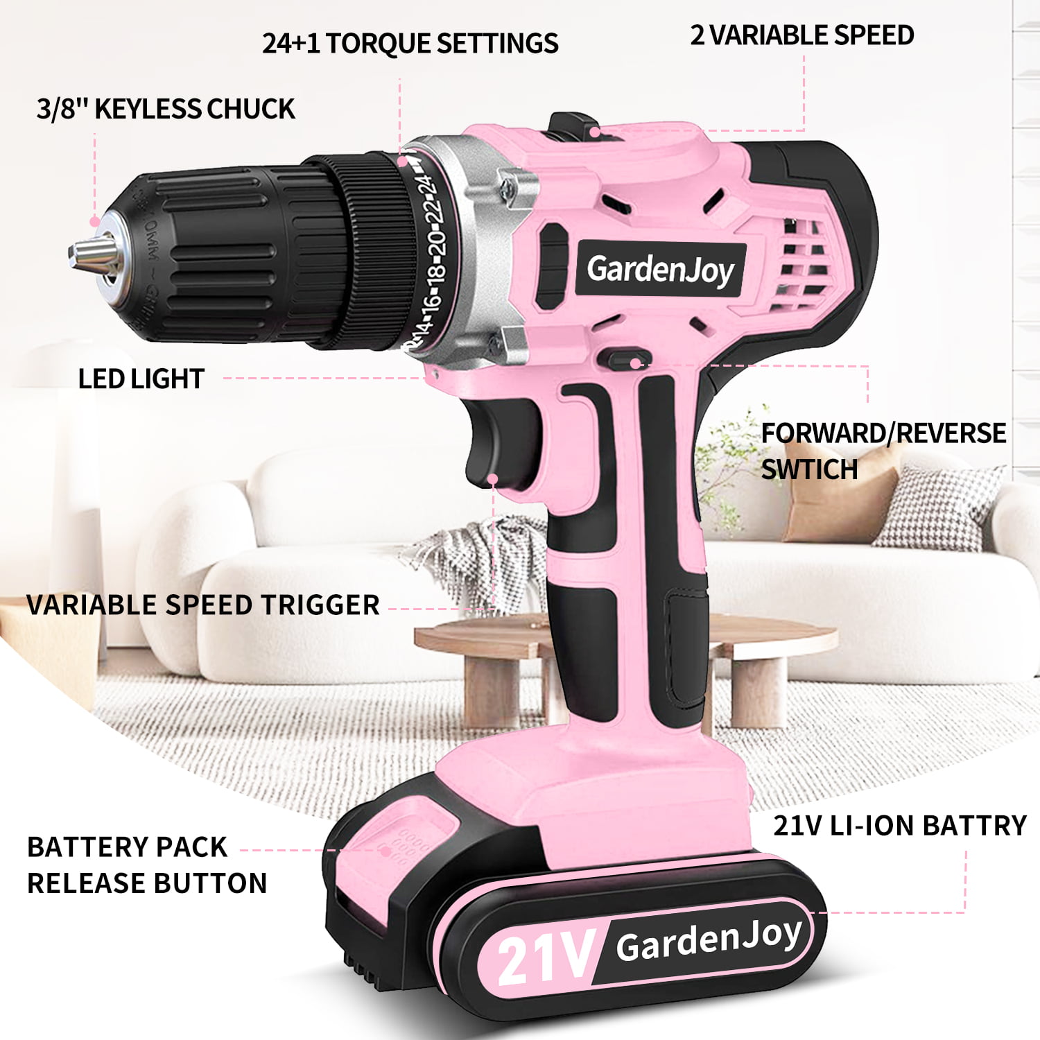 GardenJoy Cordless Power Drill Set: 12V Electric Drill with Battery and  Charger, 2 Variable Speed, 24+1 Torque Setting, 3/8-Inch Keyless Chuck