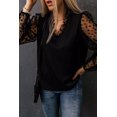 thumbnail image 3 of ABPHQTO Blusa de manga hinchada con cuello de pico en contraste de encaje negro para mujer, 3 of 5