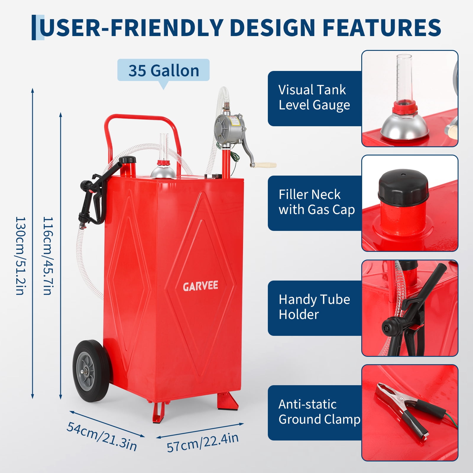 Garvee 35 Gallon Fuel Gas Caddy Storage Tank,Portable Fuel Transfer Tank with Smooth-Rolling Wheels, Manual Hand Crank Transfer Pump,Red