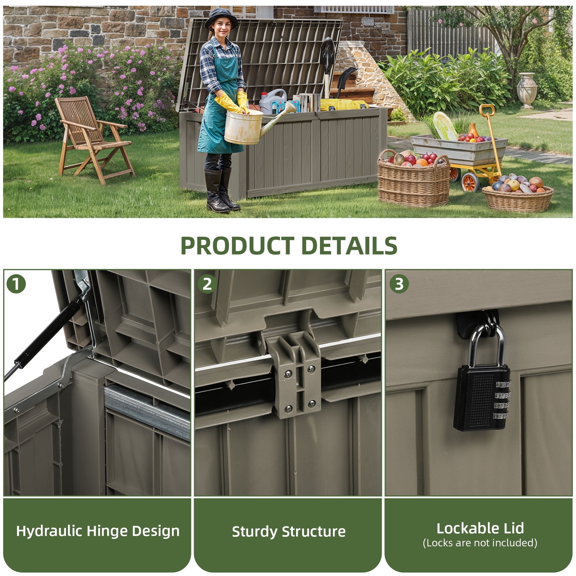 120-Gallon Light Brown Outdoor Storage Box - Weather-Resistant Resin Bin for Toys, Tools, and Blankets with Extra Seating and Easy-Move Handles