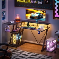 Satifur 39" Pro L-Shaped Gaming Desk Black, RGB LED, Power Hub & Monitor Riser for Ultimate Setup