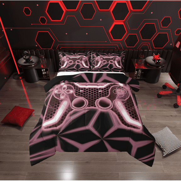 Erosebridal Teens Gamepads Bedding Twin Comforter Set,Black Pink Down Comforter,Video Game Bedding Sets Twin with Comforter,Breathable Geometric Room Decor,Reversible,2-Piece