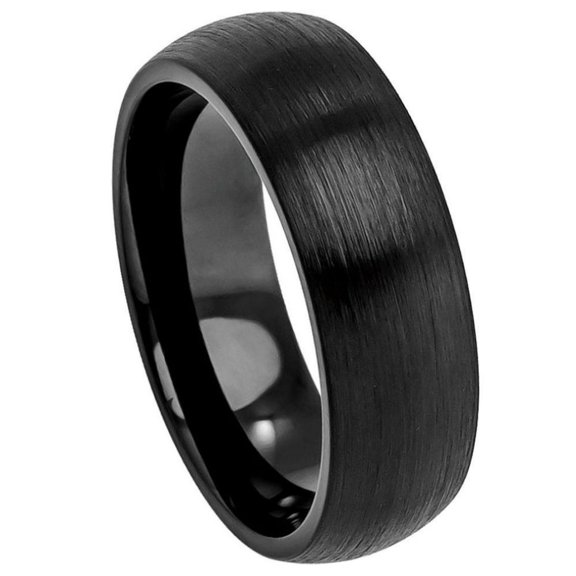 Custom Personalized Engraving Wedding Band Ring Set for Him & Her - 8mm Brushed Black IP Plated Classic Domed Band