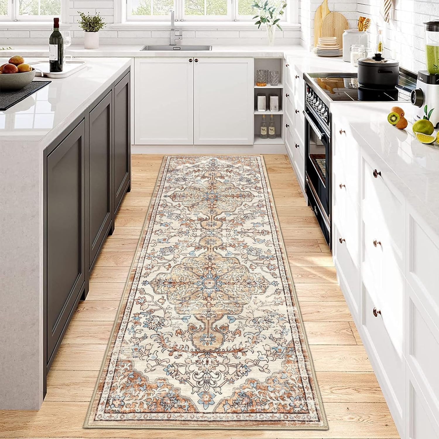 Findosom 2'x6' Vintage Runner Rug 0.4" Distressed Hallway Rug Non Slip Laundry Runner Rug Decor Rug Washable Runner Rug Kitchen Floor Mat Entryway Rug Runner for Laundry Kitchen Entryway, Beige