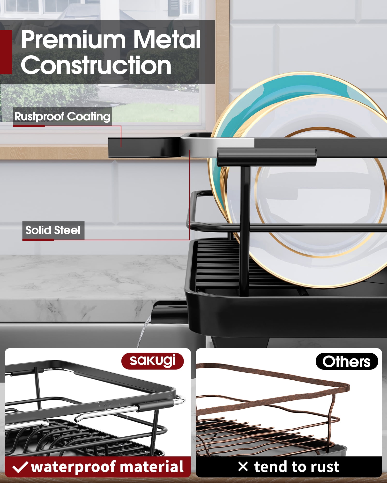 Sakugi Expandable Dish Drying Rack for Kitchen Counter, Stainless Steel Sink Organizer with Cutlery Holder, Space-Saving Dish Rack for Home and Apartment, 16" ~24"W x 12.6"D, Black