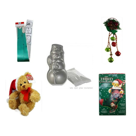 Christmas Fun Gift Bundle [5 Piece] - Myco's Best Pull Bows Set of 10 - Festive Holly Berry & Pinecone Door Knob Jingler - Nordic Ware Snowman Cake Pan - Petting Zoo  Collection Teddy Bear  9