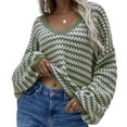 thumbnail image 2 of Womens Loose Crewneck Long Sleeve Stripped Off the Shoulder Knitted Solid Pullover Fall Jumper Tops Dark Green L, 2 of 7