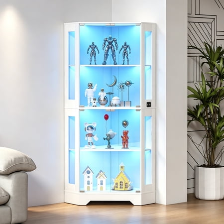 65 Inch Corner Glass Display Cabinet with LED Lighting Detector Shelves Glass Doors Storage Showcase for Collectibles Books Decor Dining Room Furniture