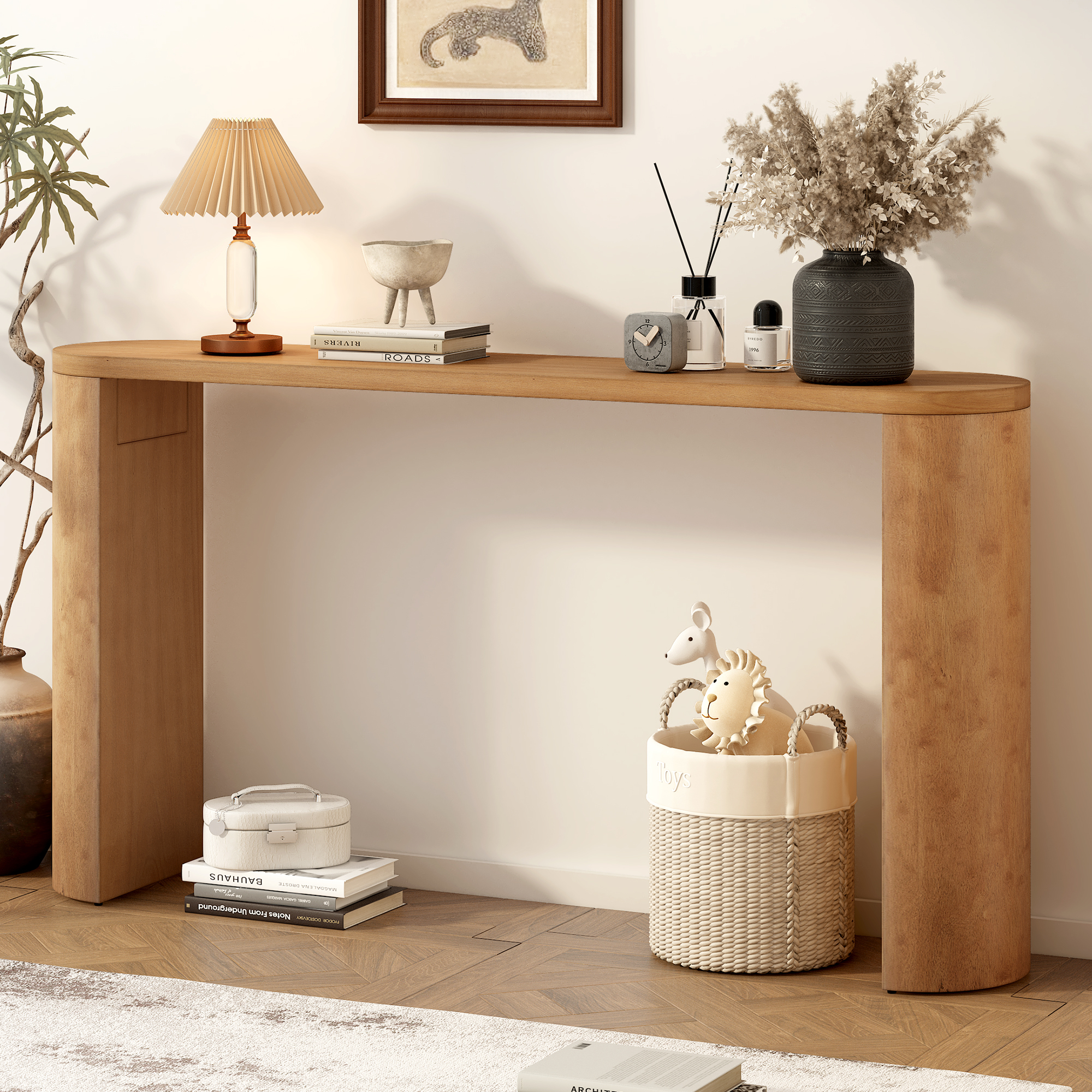 EUROCO Modern Console Table,59.6" Long Wood Entryway Table Porch Table with Semi-Cylindrical Leg,Narrow Long Sofa Table for Entrance,Living Room,Foyer, Hallway,Natural