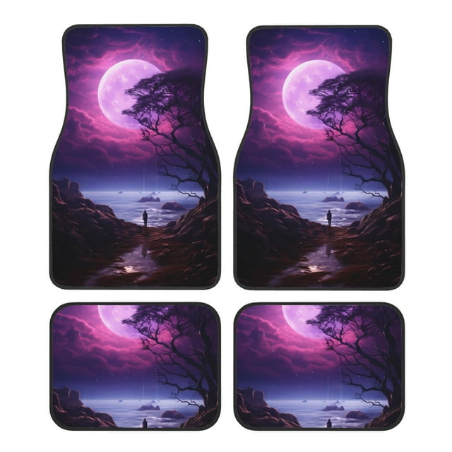 Lsque Tapis de Sol 4 Pcs Imprimé Arbre Lune Violet Ciel Nocturne, Doublures en Caoutchouc Résistant, Design Antidérapant, Protection Automobile Toutes Saisons, Véhicules, Voitures, Camions et SUV