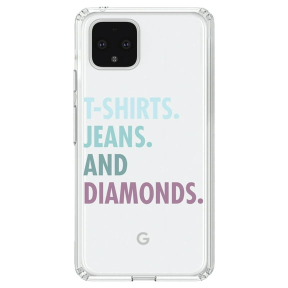 DistinctInk Clear Shockproof Hybrid Case for Google Pixel 4 (6.1" Screen) - TPU Bumper Acrylic Back Tempered Glass Screen Protector - T-Shirts Jeans and Diamonds