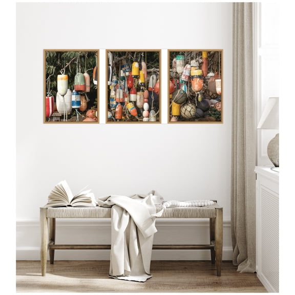 Kate and Laurel Buoys No. 1 No. 2 and No.3 3 Piece Framed Canvas Wall Art Set by Emiko and Mark Franzen F2 Images, Sylvie Natural Coastal, Beach Art for Wall Decor