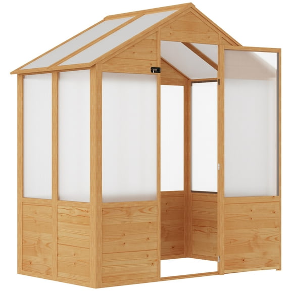 Outsunny 6' x 4' x 7' Polycarbonate Greenhouse, Walk-in Wooden Green House, Outdoor Hobby Greenhouse with Door, Natural
