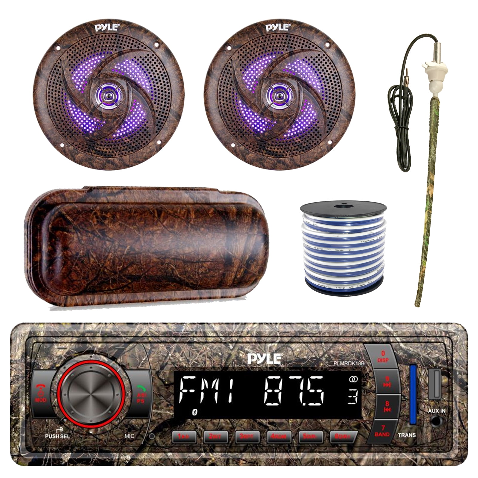 Pyle Marine Single-DIN Bluetooth MP3 USB AUX Camo AM/FM Radio, Pyle 6.5" Waterproof Camo 240 Watt LED Speakers (Pair), Stereo Shield Cover, Enrock Camouflage Boat Antenna, 18-G 50 Ft Wire