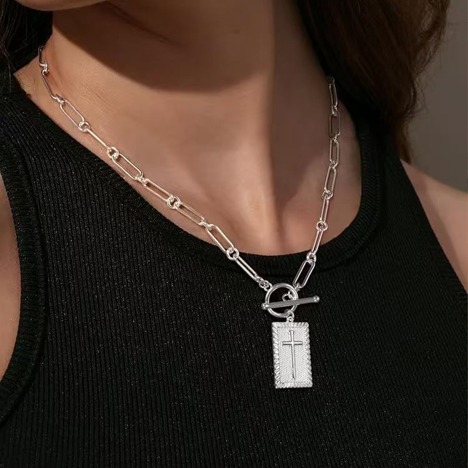 HETICA Chunky Cross Necklace Gold Silver Paperclip Chain Rectangle