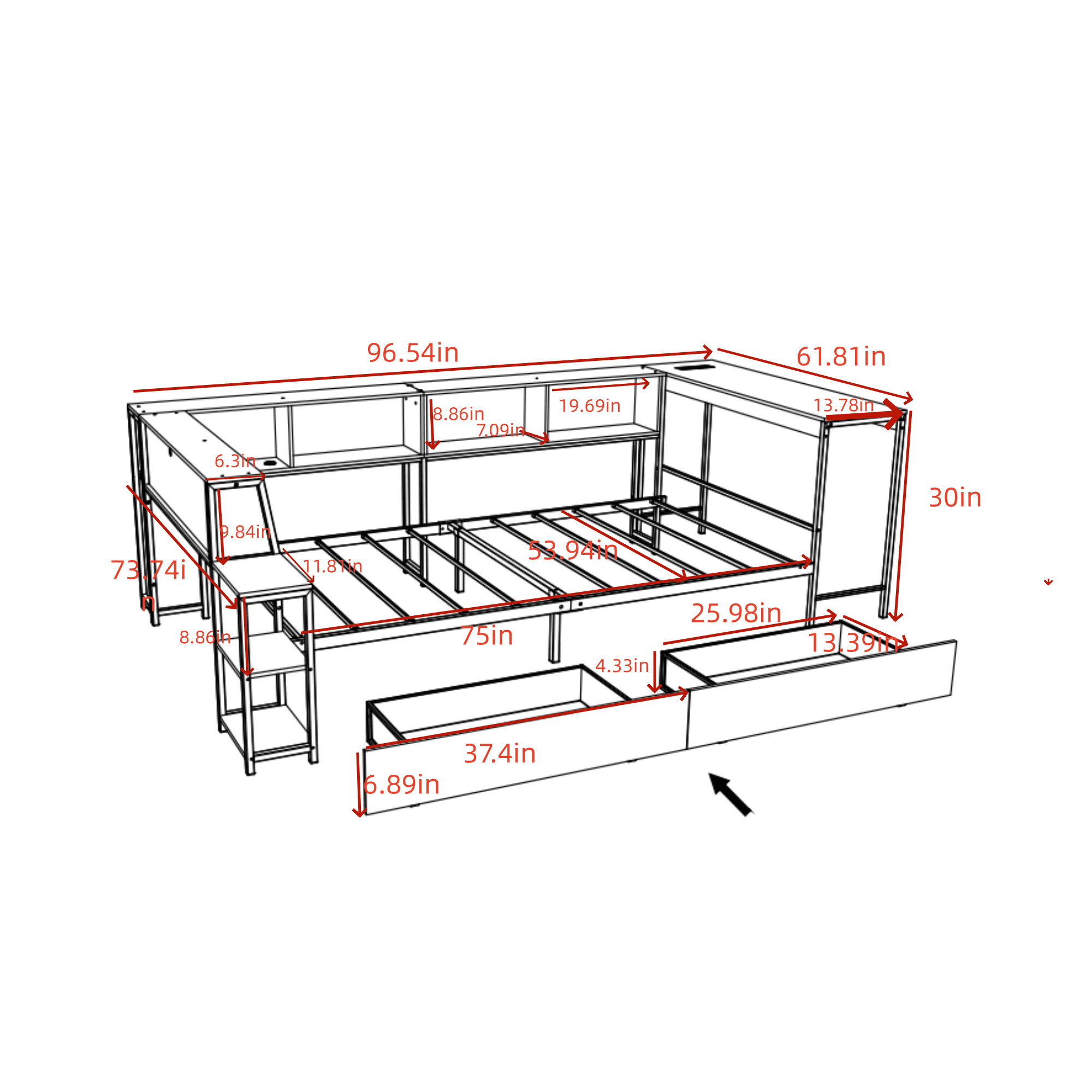 Leumius Full Size Bed Frame with Bookcase and 2 Underbed Storage Drawers, Modern Twin Corner Bed with LED Light and Charging Station for Home Office, Guest Room Black