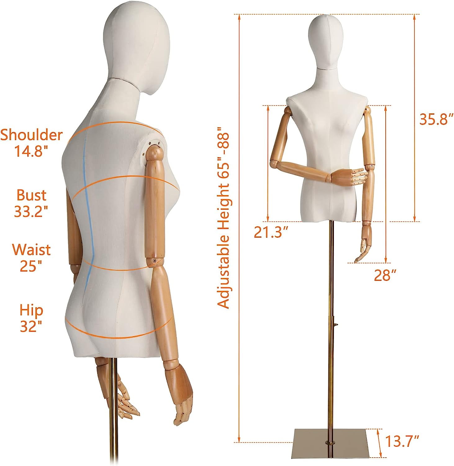 Bonnlo Female Head and Posable Wooden Arms Mannequin with Metal Base, 29.5"-52", White/Brown