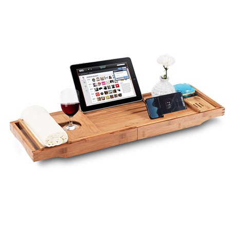 Contemporary Serving Dishes - Gymax Bamboo Bathtub Caddy Tray Extendable Sides W/ Soap Dish Wine Glass Slot Bathroom