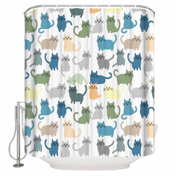 Shower Curtain Bathroom Set Cartoon Cat Seamless Waterproof Fabric Shower Curtains with Grommets&Hooks Funny Animal on White Privacy Bath Curtain for Bathtub 36x72in