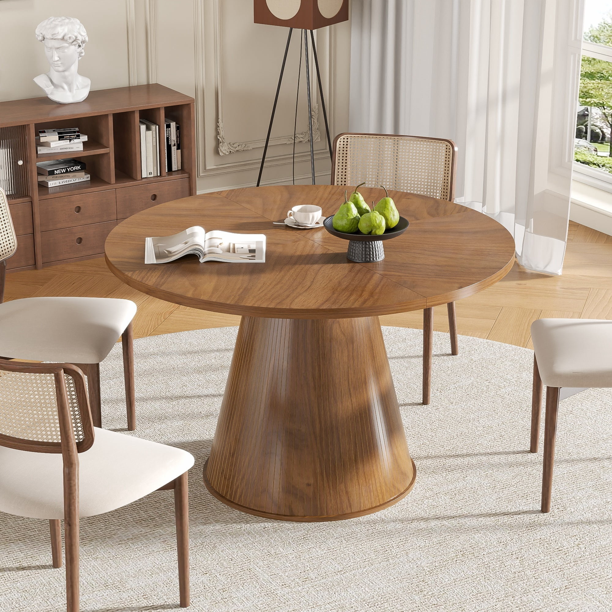 47 inch Round Dining Table for 4, Farmhouse Kitchen Table, Circle Dining Table for Kitchen, Living Room, Walnut