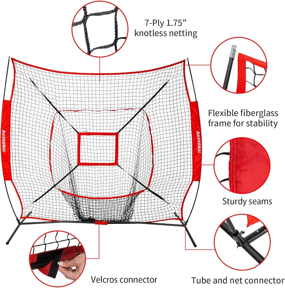 7'×7' Baseball Backstop Net Set, Baseball Softball Practice Net with Batting Tee, for Hitting Pitching Batting Catching with Bow Frame, Bonus Strike Zone