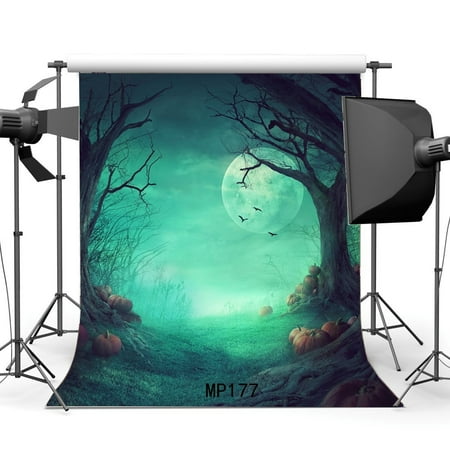 Image of MOHome 5x7ft All Saint s Day Backdrop Happy Halloween Horror Night Pumpkin Shining Moon Bats Jungle Forest Grass Field Old Tree Masquerade Photography Background Photo Studio Props