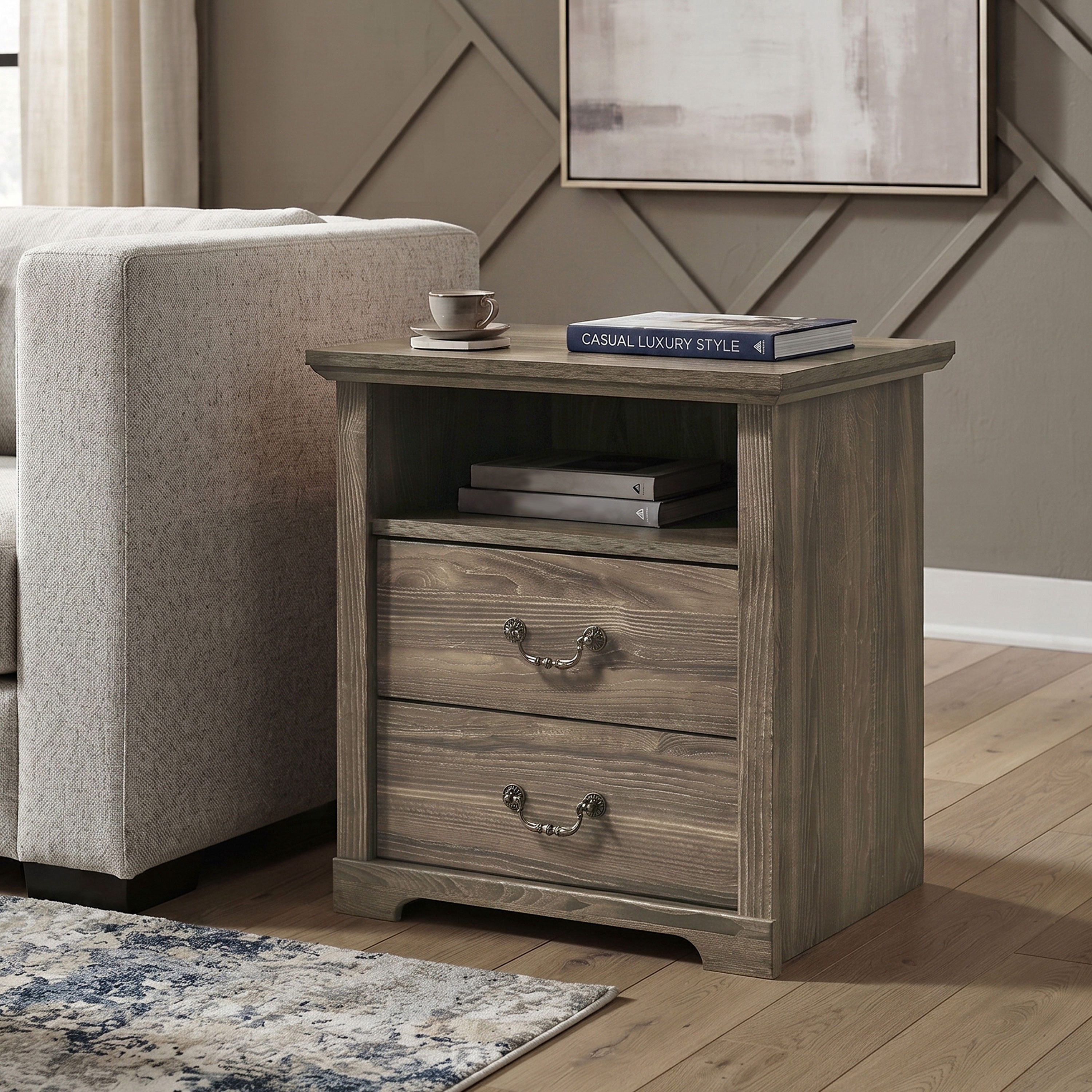 Furniture of America Chara Modern Wood 2-Drawer Nightstand with Open Top Shelf, Dark Gray