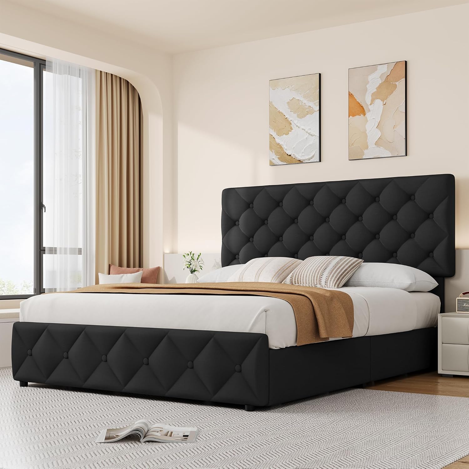 Full Bed Frame with Adjustable Headboard & 4 Storage Drawers, Button Design, No Box Spring, Noise-Free, Black