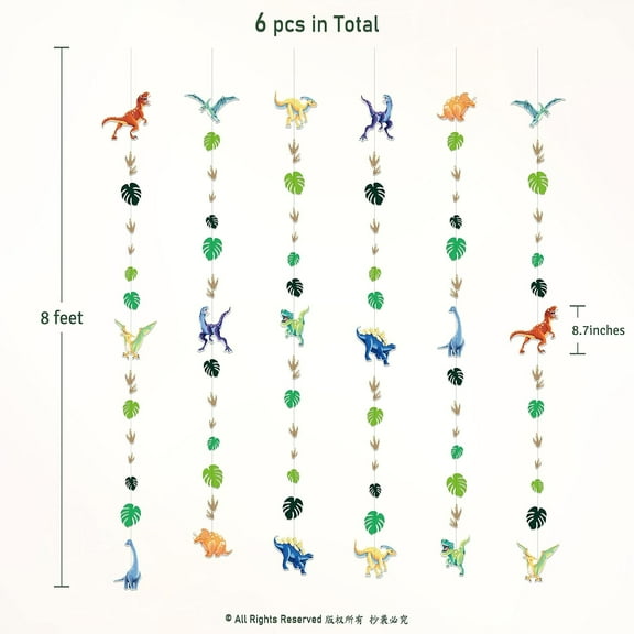 Cheerland Dinosaur Garland with Monstera Deliciosa Leaves and Dinosaur Foot Print Pattern, 6 Pcs