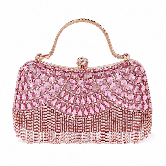 REMANLAND Women's Sparkling Rhinestone Fringe Evening Handbag with Top Handle and Chain Strap, Pink