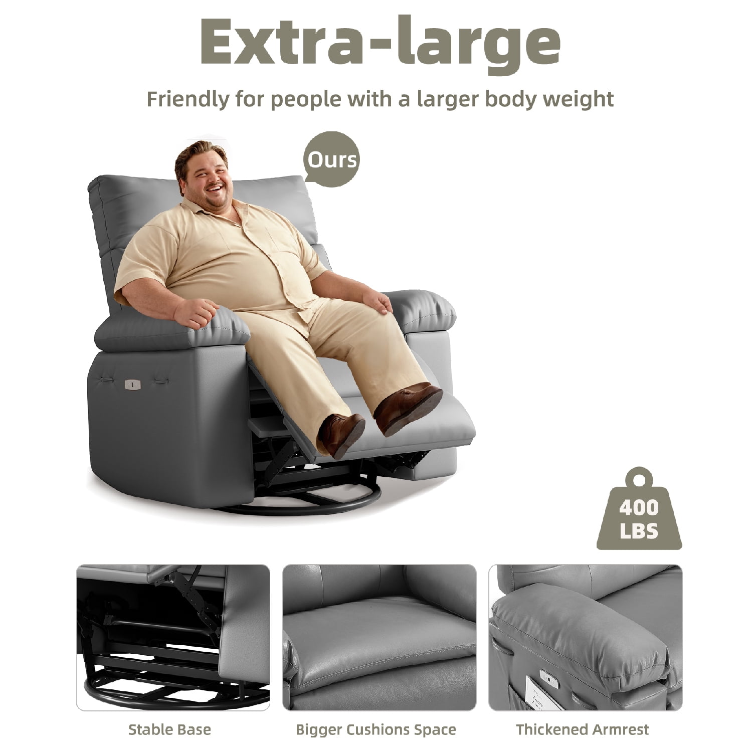 Shininglove Oversized Swivel Rocker Recliner Chair - Extra Wide PU Leather Manual Recliner with Thick Cushioning, 360° Rotation & 30° Rocking, Supports 400 lbs, for Living Room, Bedroom