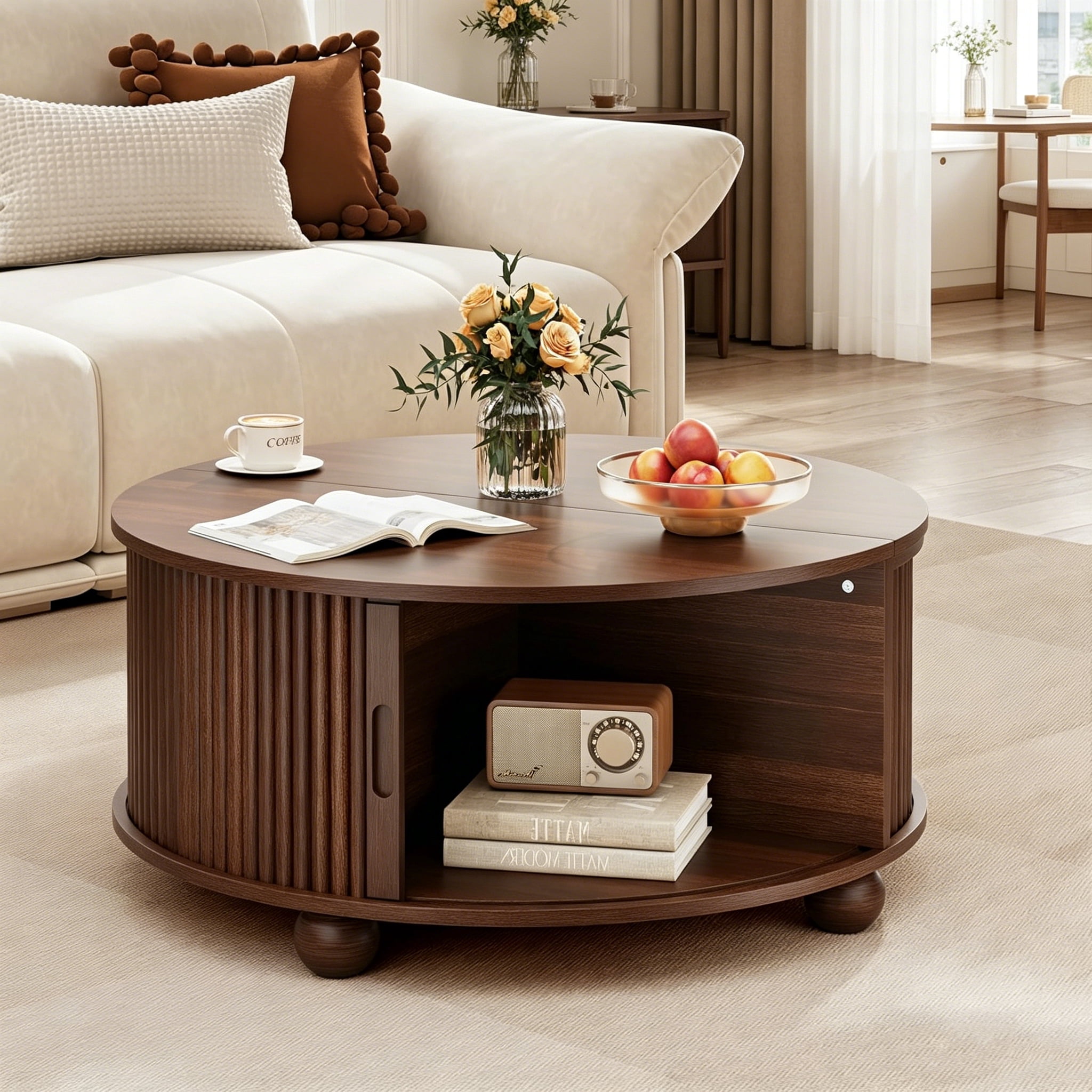 AISWORD 31.5" Fluted Round Coffee Table with Storage, Mid Century Modern Lift Top Drum Accent Table for Living Room Small Space, Walnut