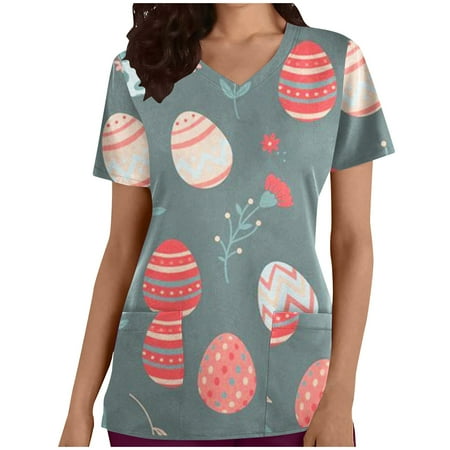 

Womens Scrubs Tops Cute Easter Bunny Rabbit Print Short Sleeve V-Neck Nurse Uniforms Soft Stretch Revolution Holiday Scrubs with Pockets
